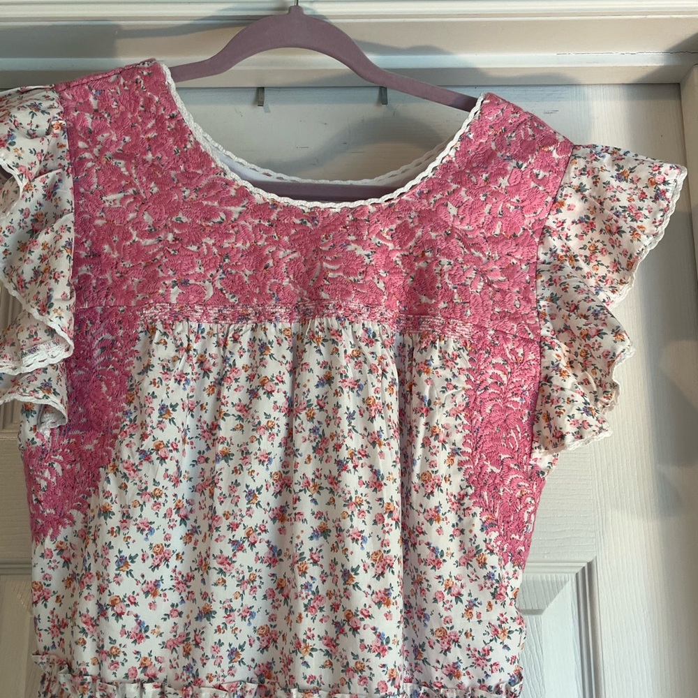 J. Marie NWOT Rosalee Pink White Floral Tiered Midi Dress Size M